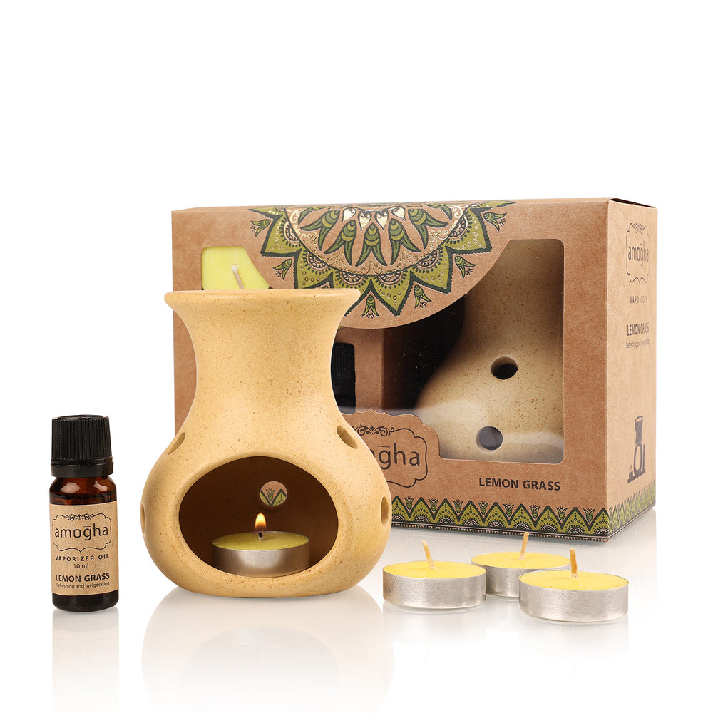 IRIS Amogha Lemon Grass Fragrance Vaporizer with 4 Tealights and Vaporizer Oil (10 ml)