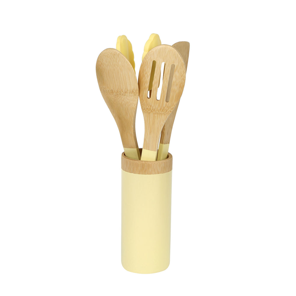 Bamboo Cooking Spoons Set with Holder (Brown & Yellow)