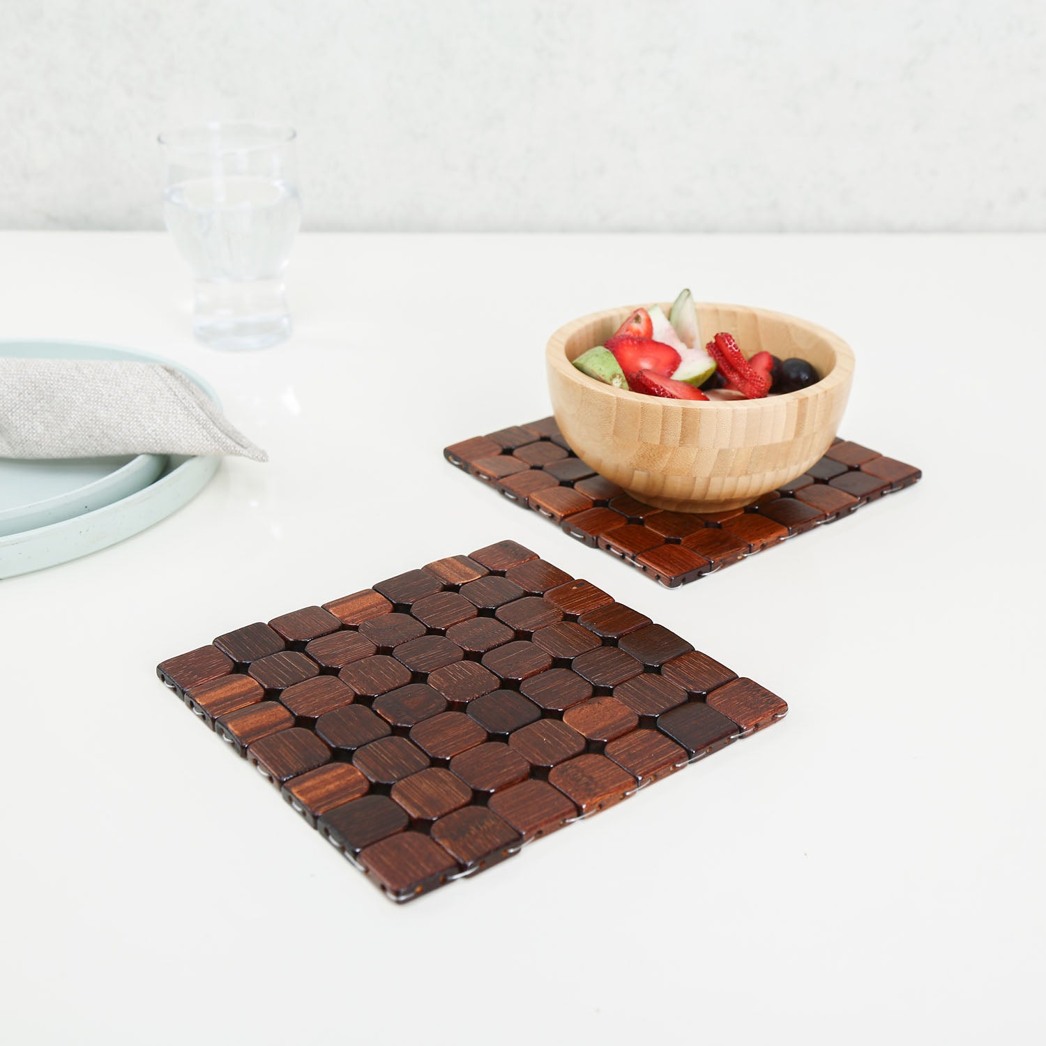 Checkered Bamboo Trivet Set of 2- Brown