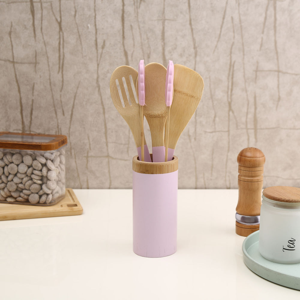 Bamboo Cooking Spoons Set with Holder (Brown & Purple)