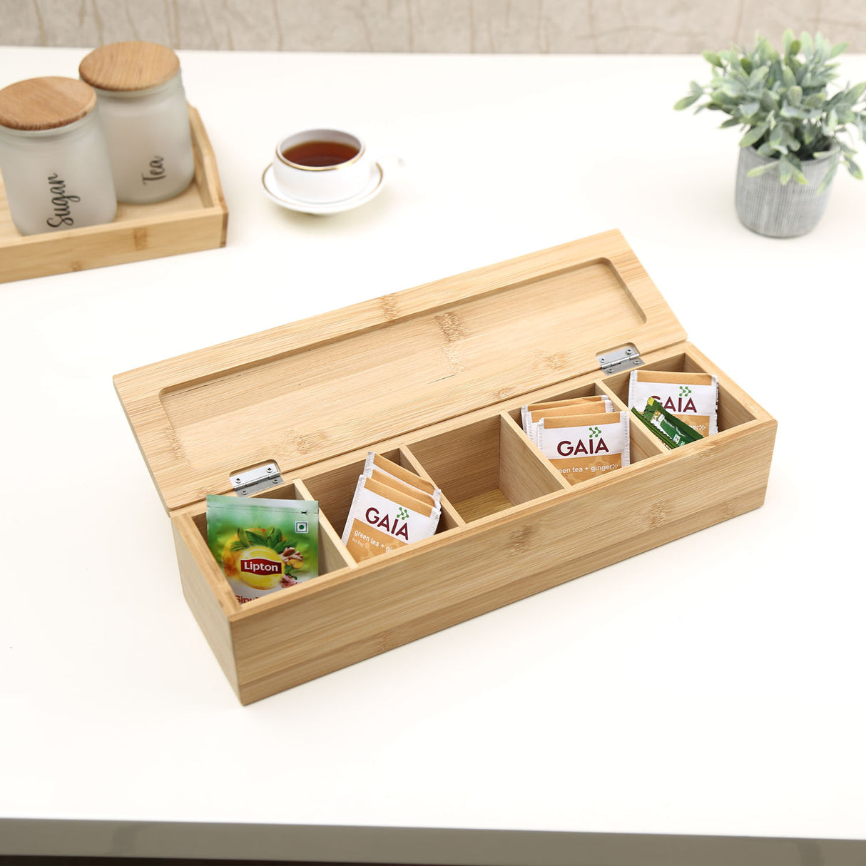 Five Sectional Bamboo Tea Box (Light Brown)
