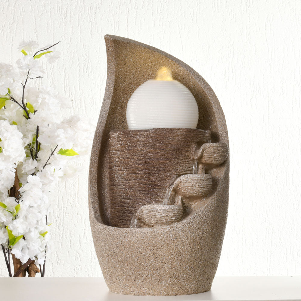Trio Diya Steps Polyresin Table Top Decorative Water Fountain with LED Light- Beige