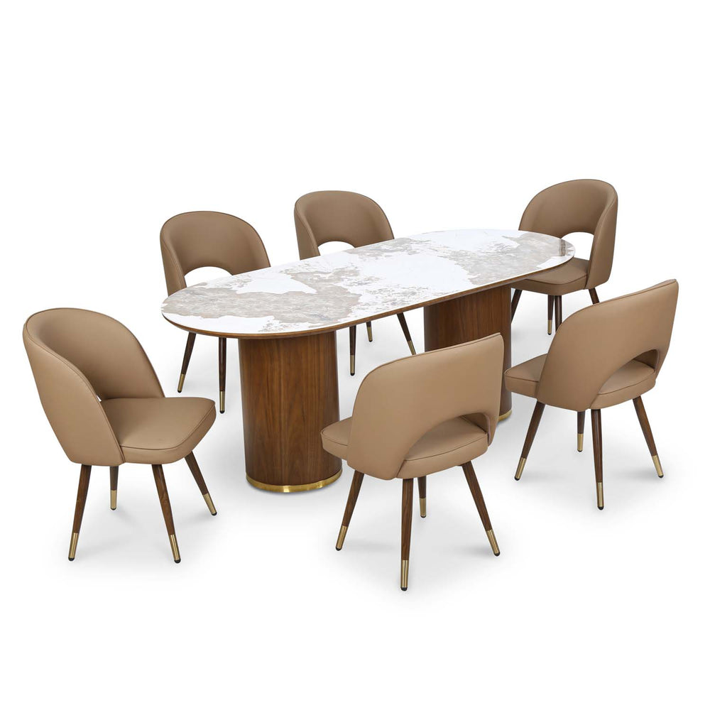 Empera 6 Seater Dining Set (Beige/Walnut/Camel)