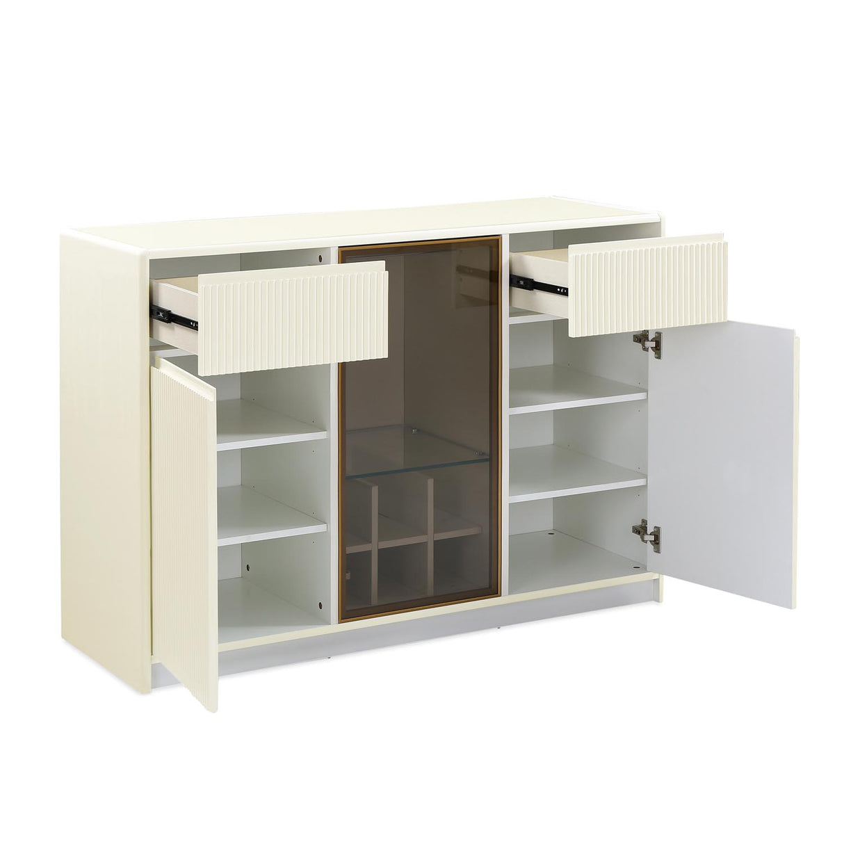 Ivory white sideboard cabinet with open shelves and glass rack inclined view 2