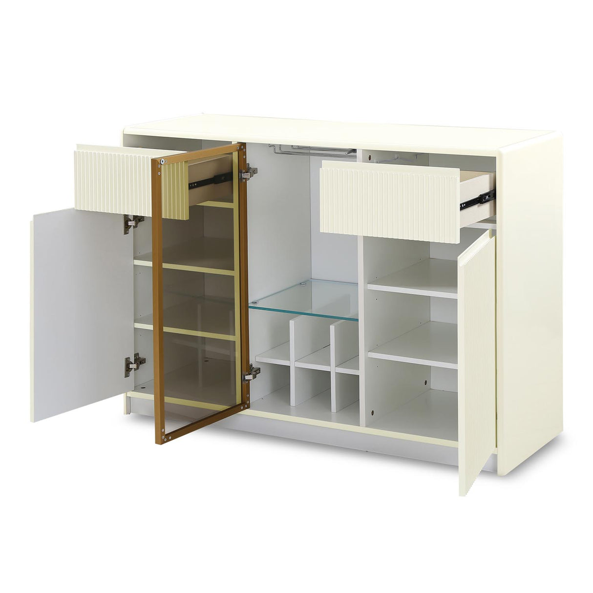 Ivory white sideboard cabinet with open shelves and glass rack inclined left view 2