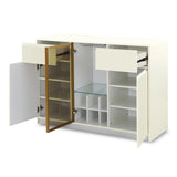 Ivory white sideboard cabinet with open shelves and glass rack inclined left view 2