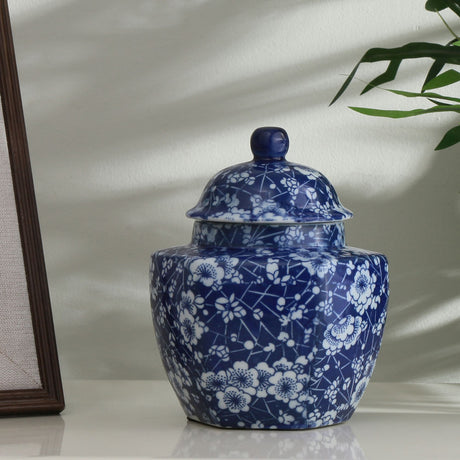 Nilkamal Decorative Hexagonal Porcelain Jar Vase with Lid (Blue & White)
