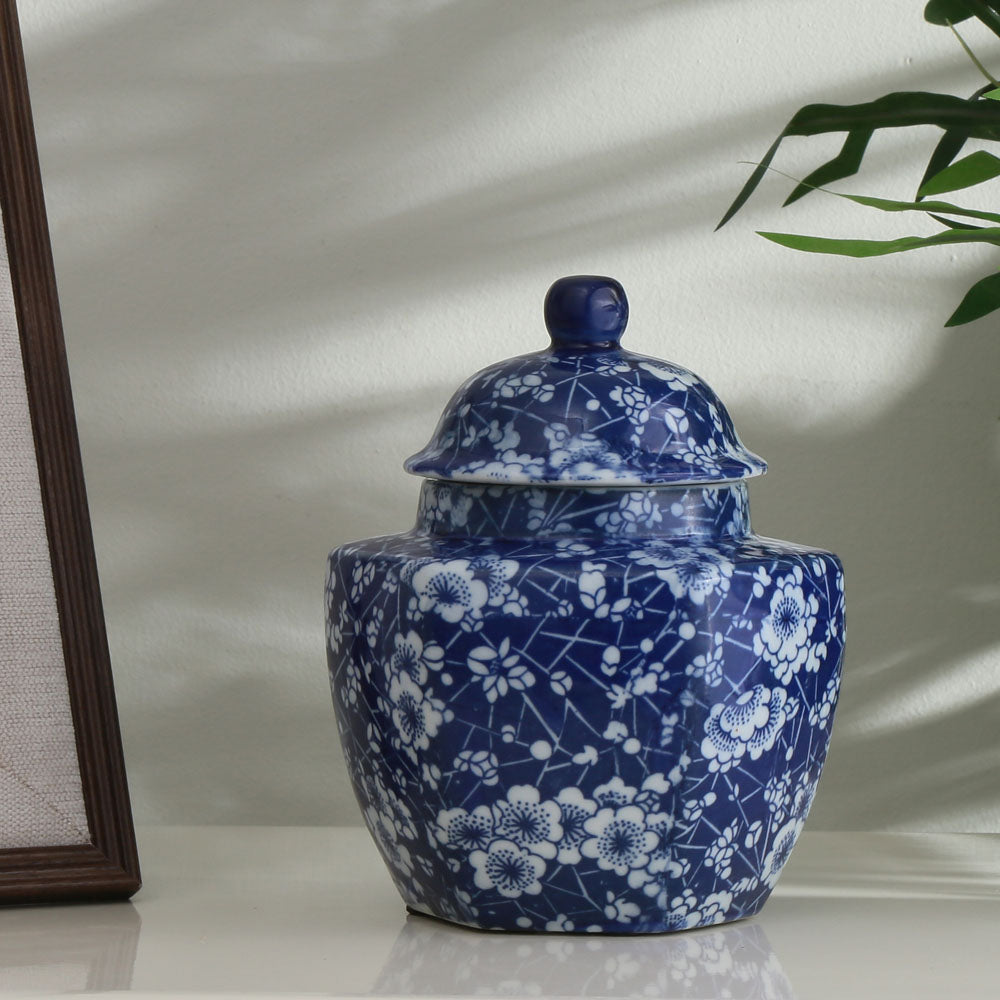 Decorative Hexagonal Porcelain Jar Vase with Lid (Blue & White)