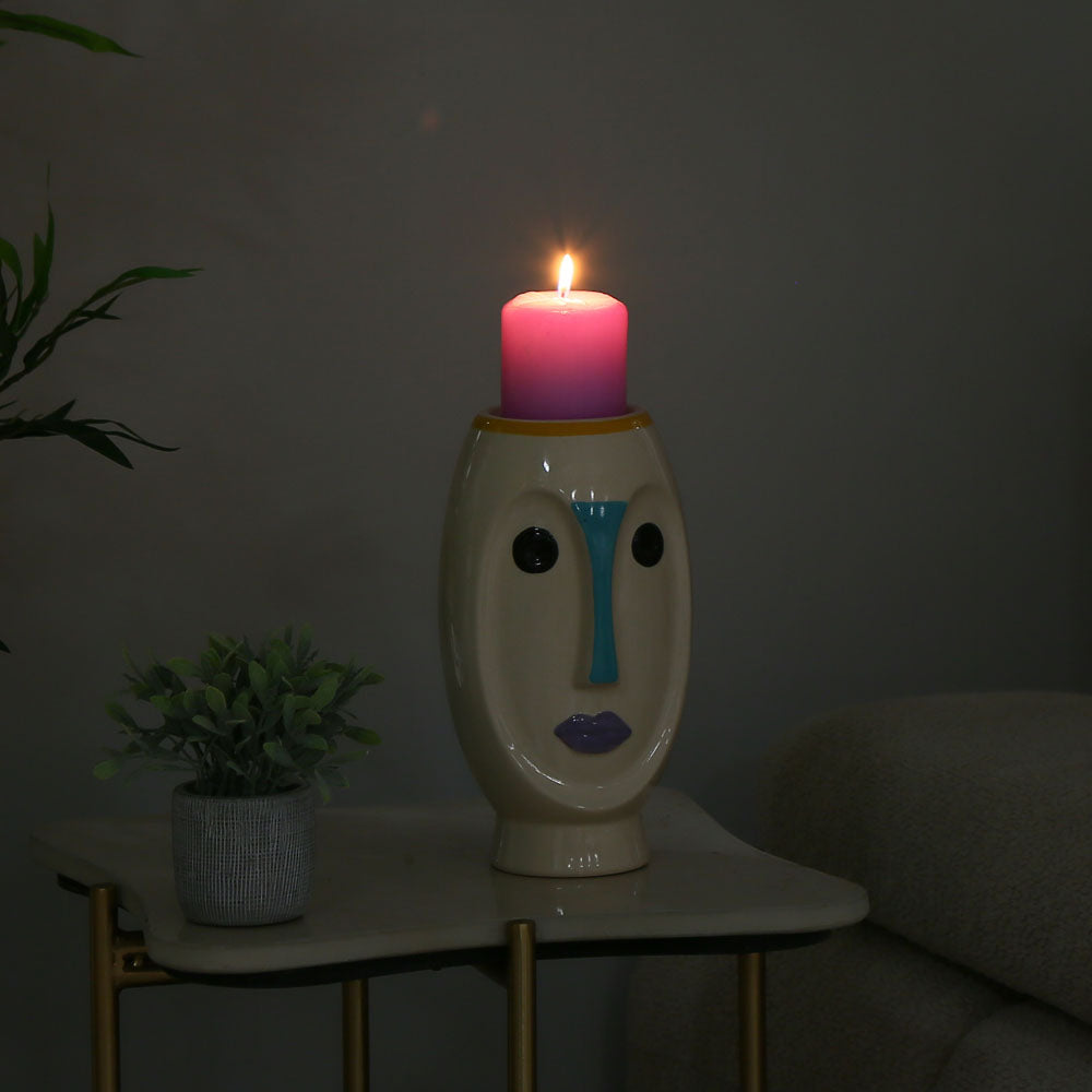 Decorative Girl Face Ceramic Candle Holder (Multicolor)