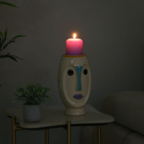 Decorative Girl Face Ceramic Candle Holder (Multicolor)