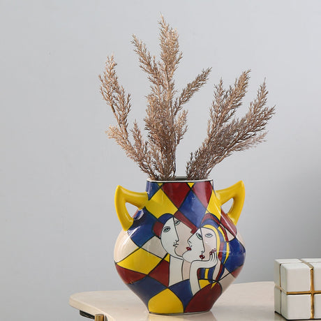 Decorative Dual Handle Hand Painted Ceramic Vase (Multicolor)