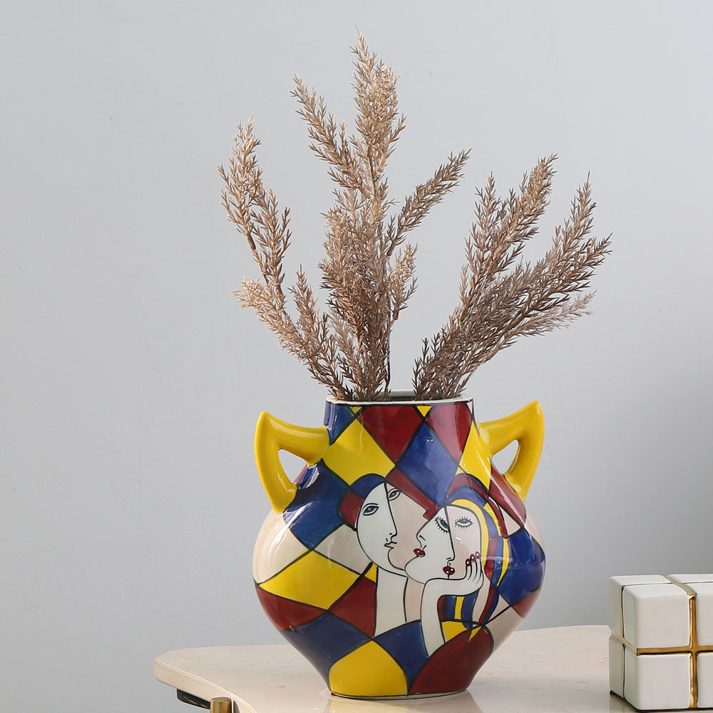 Decorative Dual Handle Hand Painted Ceramic Vase (Multicolor)