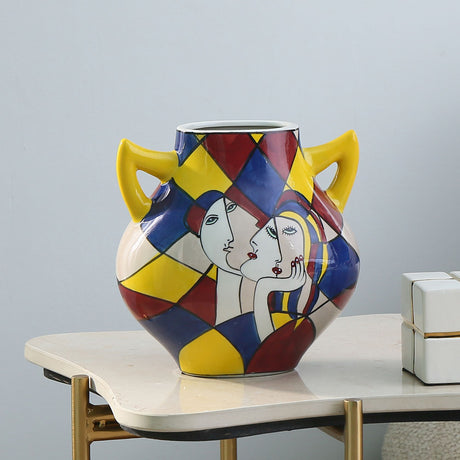Nilkamal Decorative Dual Handle Hand Painted Ceramic Vase (Multicolor)