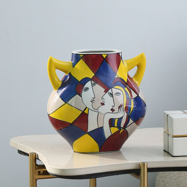 Nilkamal Decorative Dual Handle Hand Painted Ceramic Vase (Multicolor)