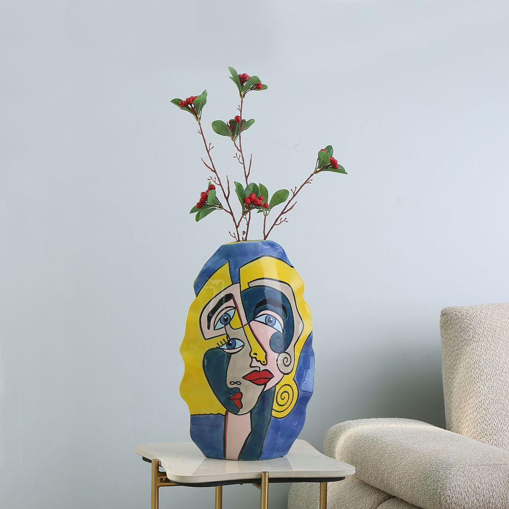 Decorative Wavy Oval Hand Painted Ceramic Vase (Multicolor)