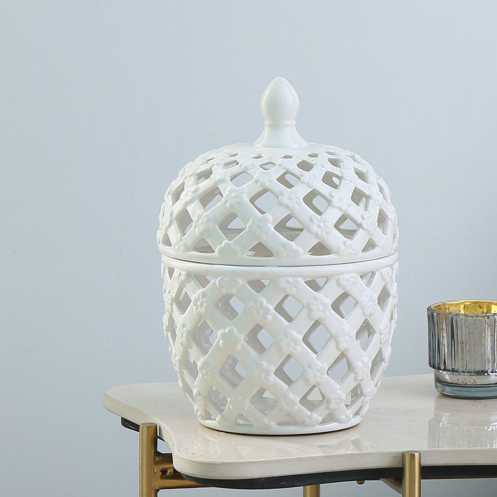 Decorative Rhombus Ceramic Jar Vase with Lid (White)