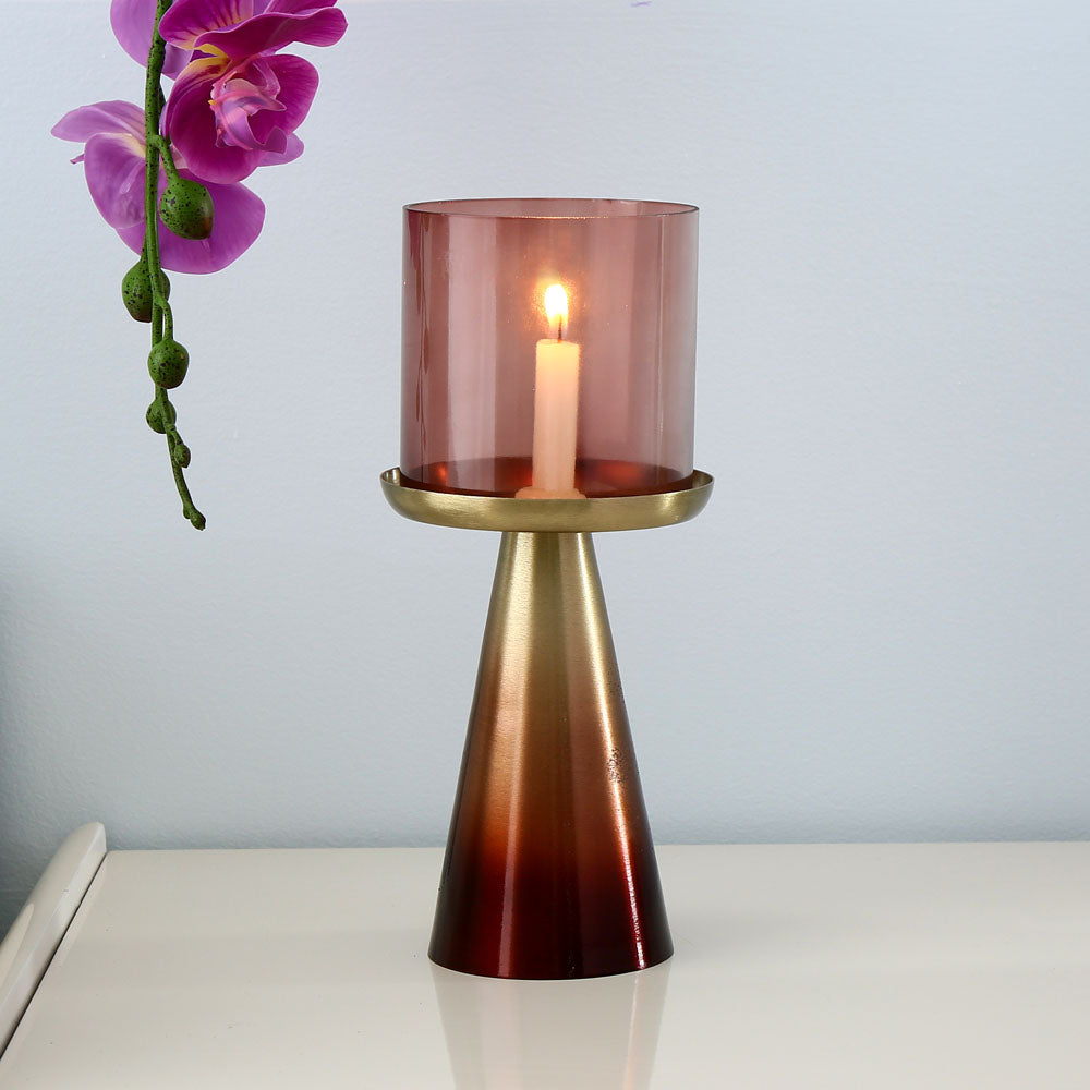 Decorative Taper Ombre Base Metal & Glass Candle Holder (Brown & Gold)