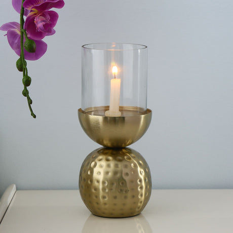 Nilkamal Decorative Round Hammered Base Metal & Glass Candle Holder (Gold)