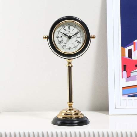 Nilkamal Round Dial Metal Table Clock On Stand Black Gold