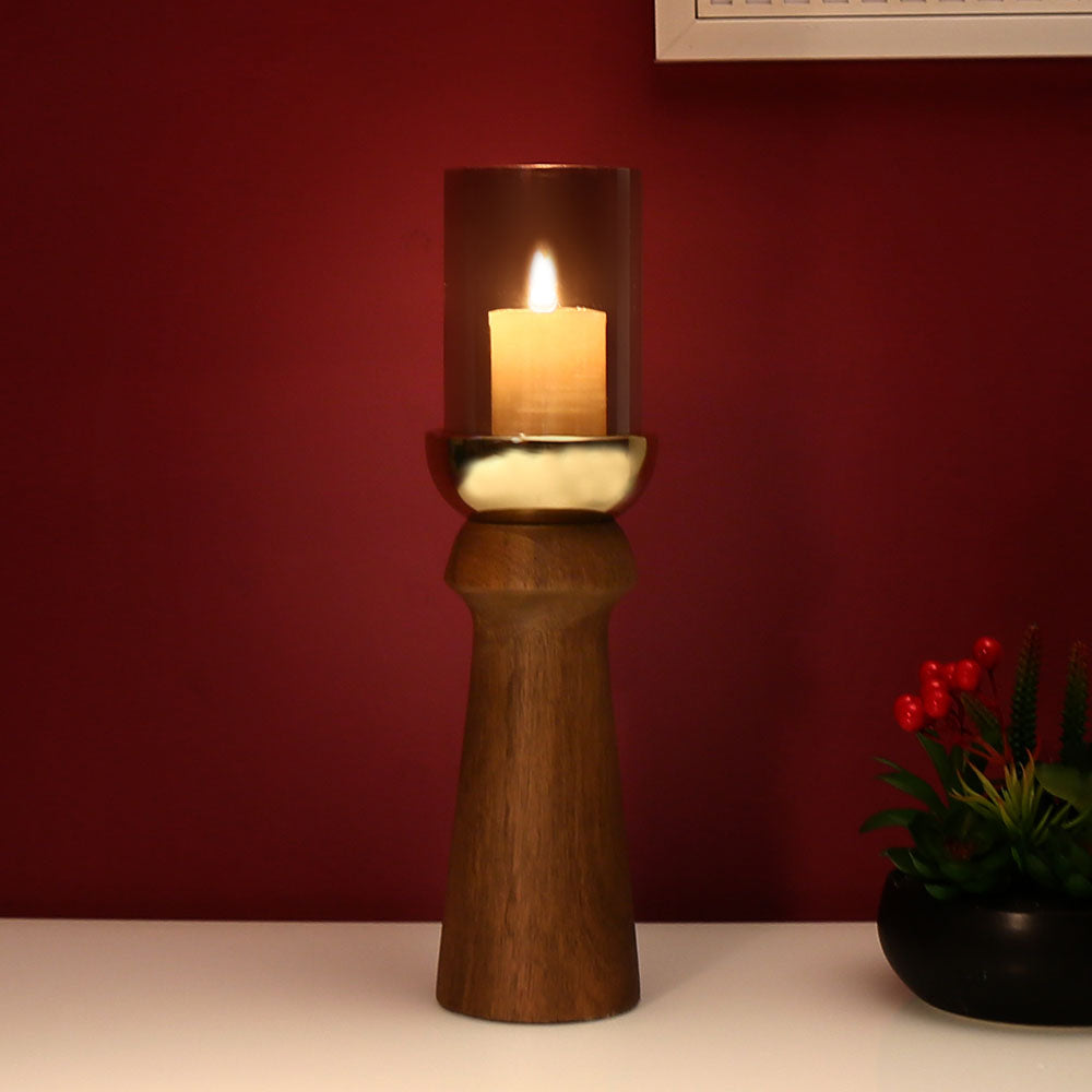 Decorative Dual Arch Wooden & Glass Candle Holder (Small, Gold & Brown)