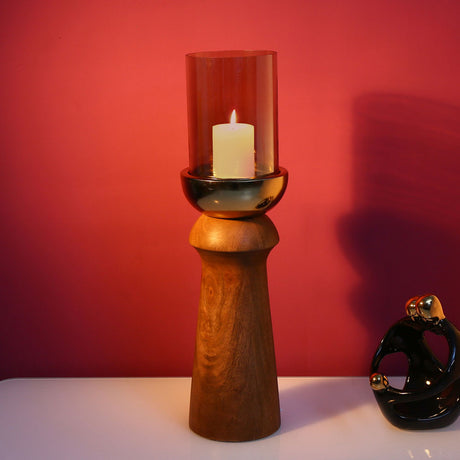Nilkamal Decorative Dual Arch Wooden & Glass Candle Holder (Large, Gold & Brown)