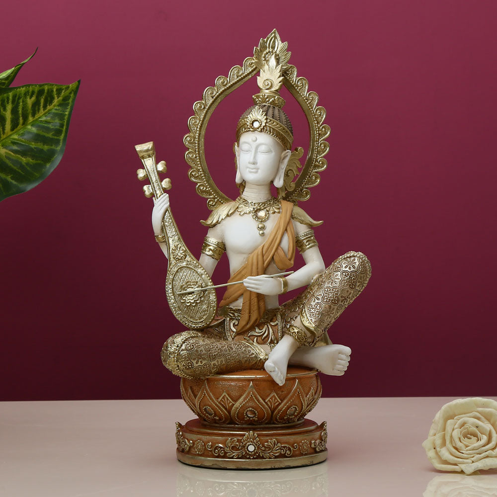 Buddha Playing Sitar Decorative Polyresin Showpiece (Cream)