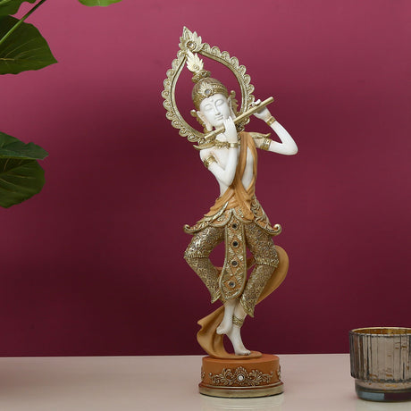 Nilkamal Buddha Standing With Flute Decorative Polyresin Showpiece (Cream)