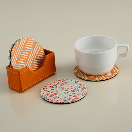 Nilkamal Leaf Design Round Shaped Coasters Set Of 4 Orange