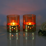 Nilkamal Decorative Mughal Jali Metal & Glass Votive Set of 2 (Peach & Gold)