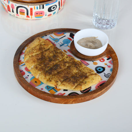 Nilkamal Round Wooden Serving Platter With Bowl Brown