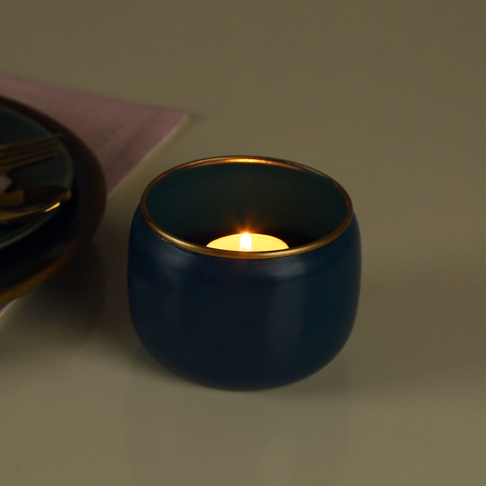 Round Shaped Decorative Metal Votive- Blue & Gold