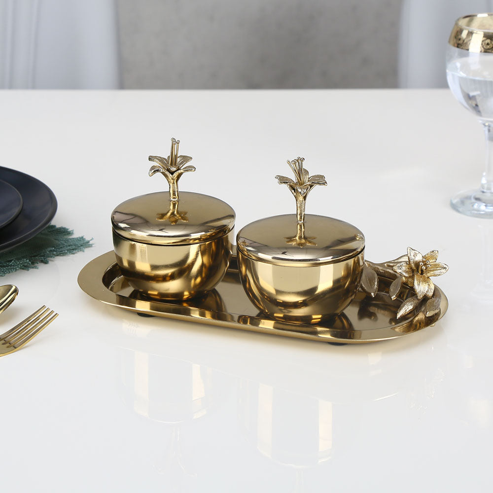 Nilkamal Lily Twigs Twin Bowl Condiment Set With Tray Gold