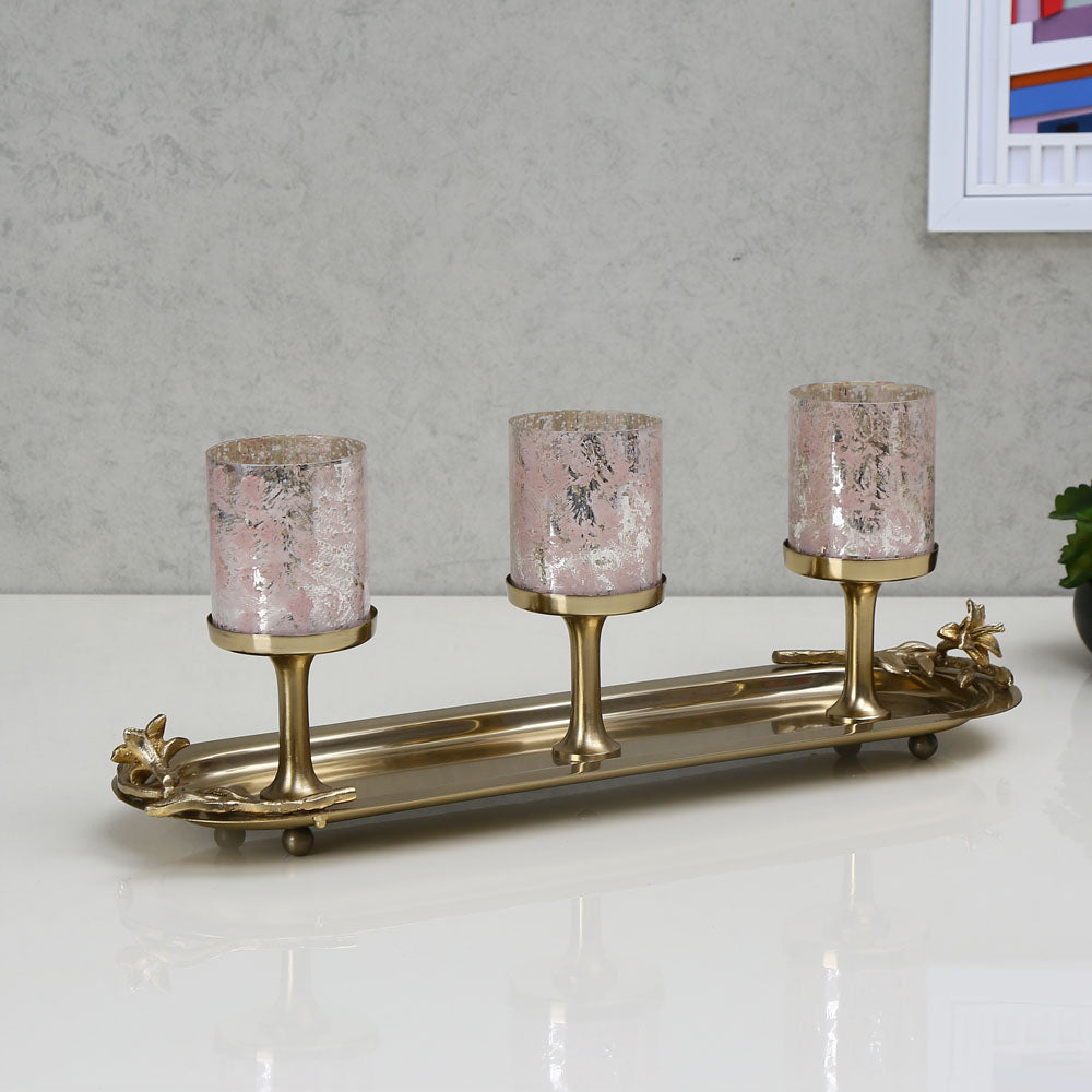 Decorative 3 Votives Metal & Glass Candle Holder (Pink & Gold)