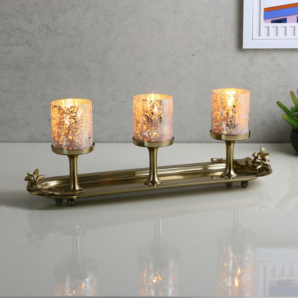 Decorative 3 Votives Metal & Glass Candle Holder (Pink & Gold)