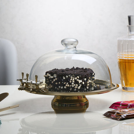 Nilkamal Floral Twigs Cake Serving Stand with Glass Lid (Transparent & Gold)