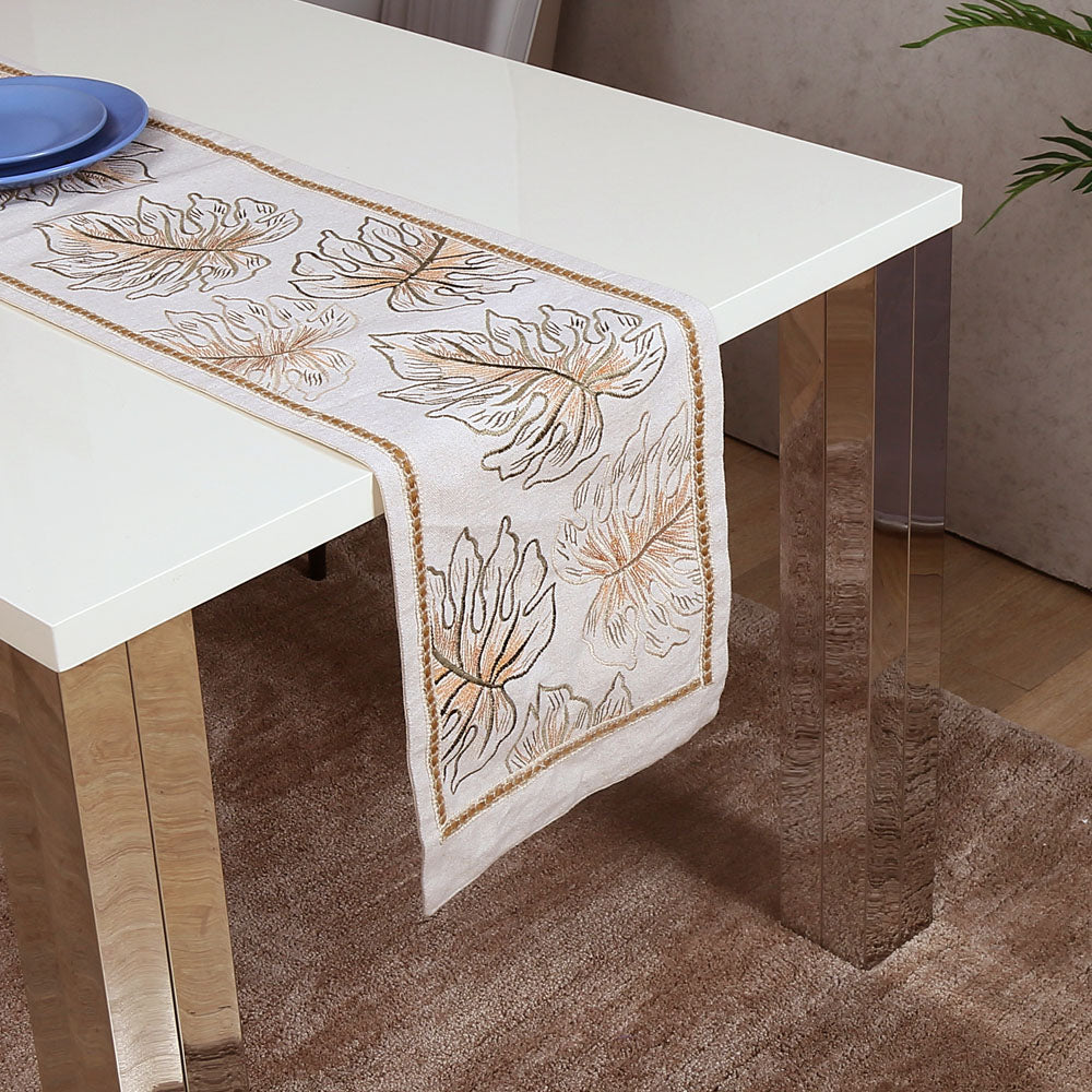 Nilkamal Decorative Leaf Design Cotton Table Runner (180 x 33 cm, Multicolor) - 02