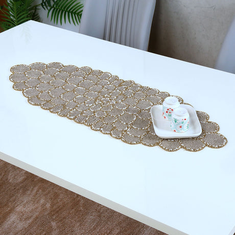 Nilkamal Decorative Floral Beaded Table Runner (90 x 33 cm, Grey & Gold)