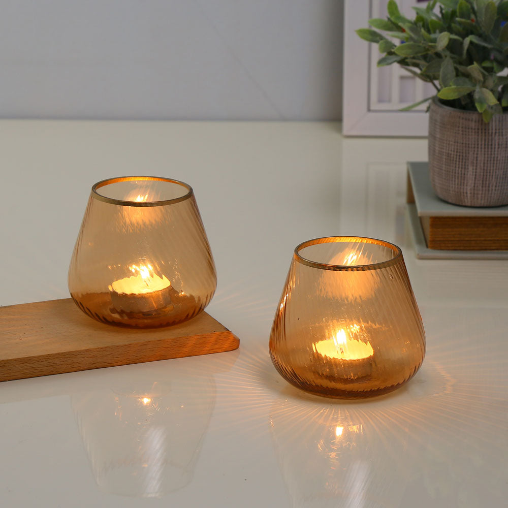 Fluted Design Glass Votives Set of 2- Orange