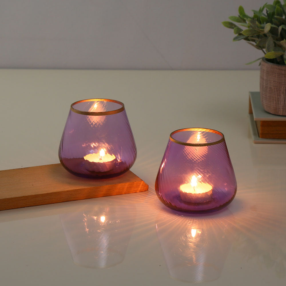 Fluted Design Glass Votives Set of 2- Purple
