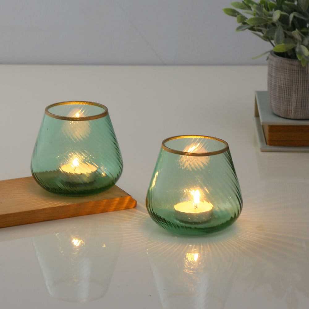 Fluted Design Glass Votives Set of 2- Green