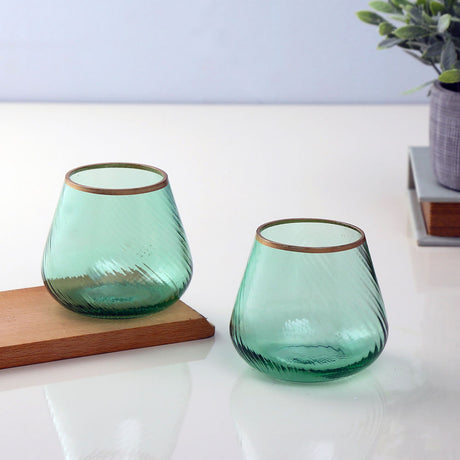 Fluted Design Glass Votives Set of 2- Green