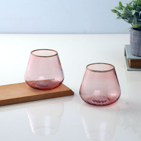 Fluted Design Glass Votives Set of 2- Pink