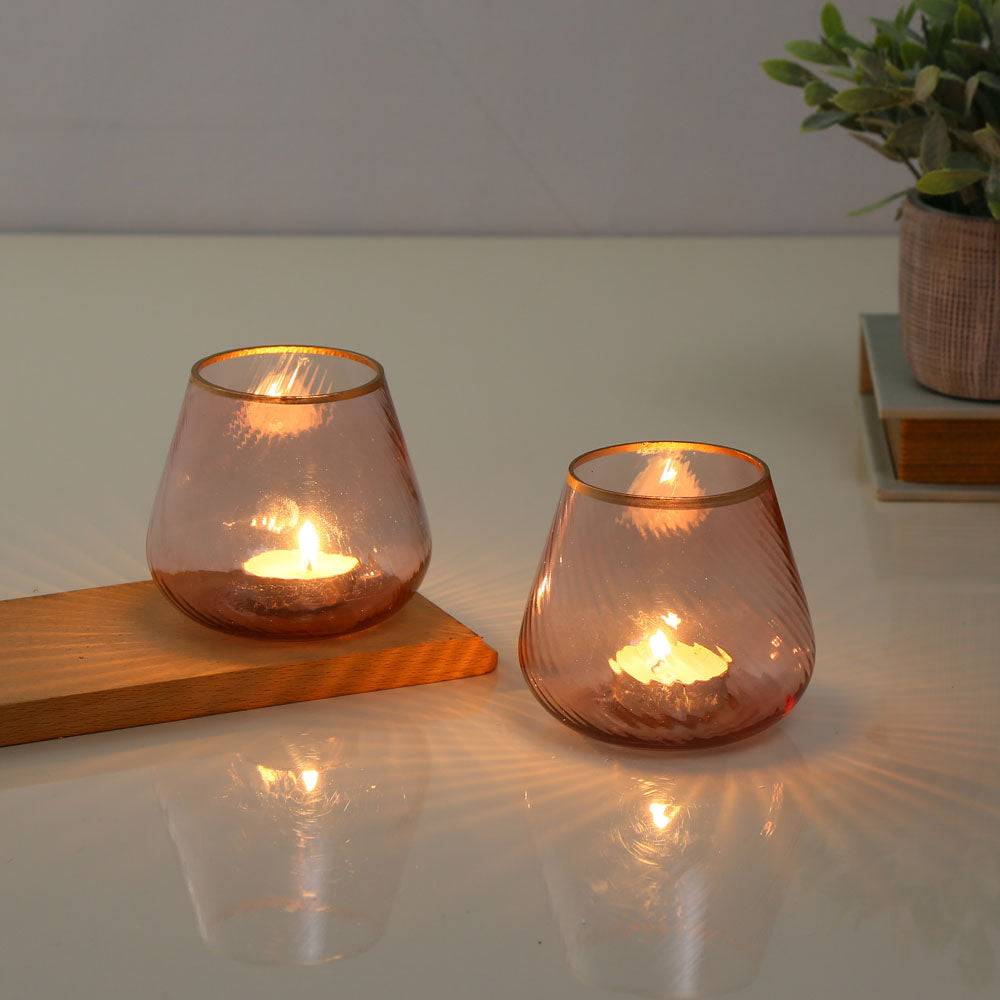 Fluted Design Glass Votives Set of 2- Pink
