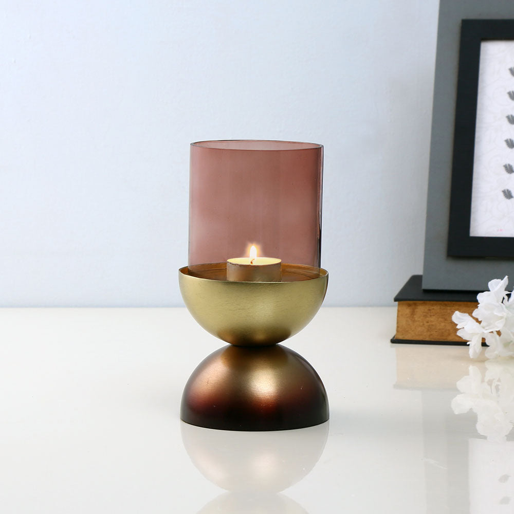 Dual Arc Ombre Base Metal & Glass Candle Holder (Brown & Gold)