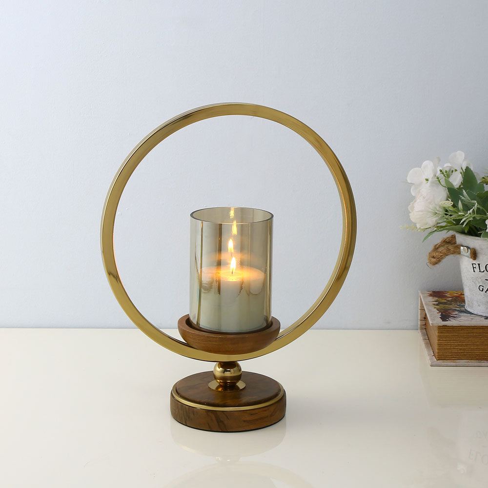 Decorative Circular Ring Wooden & Glass Candle Holder (Large, Gold & Brown)
