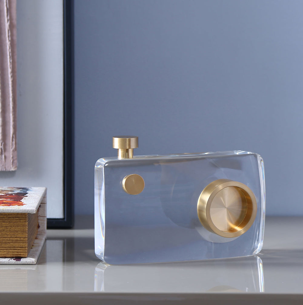 Crystal Camera Large Decorative Showpiece- Gold & Transparent