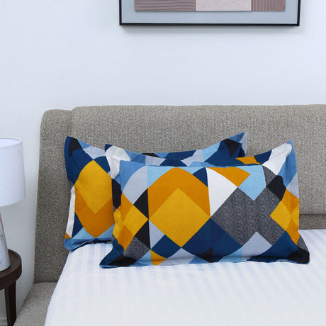 Nilkamal Geometric Microfiber 17" x 27" Pillow Covers Set of 2 (Orange & Blue)