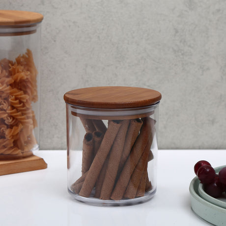 Nilkamal Round Shape 660 Ml Canister With Bamboo Lid Transparent