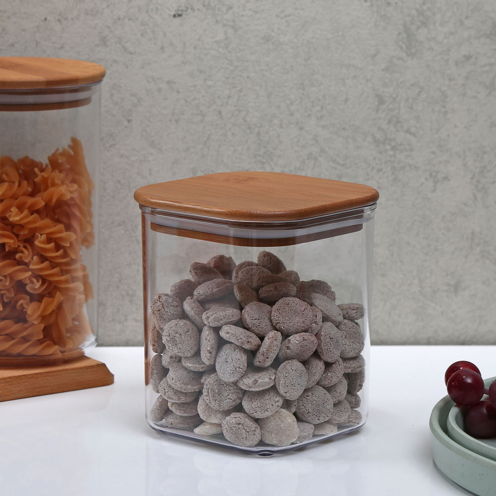 Square Shape 1100 ml Container with Bamboo Lid (Transparent)
