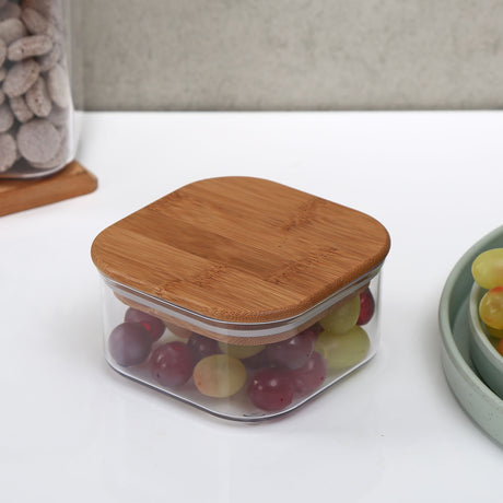 Square Shape 450 ml Container with Bamboo Lid (Transparent)